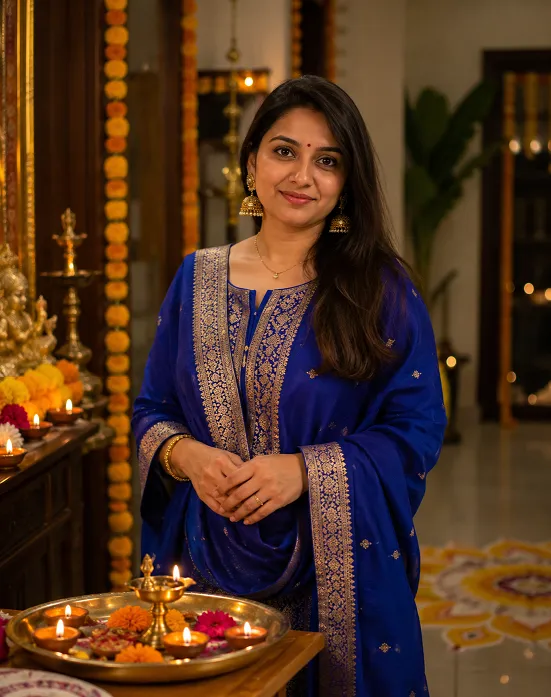 woman in royal blue silk suit for Navratri Lakshmi days puja