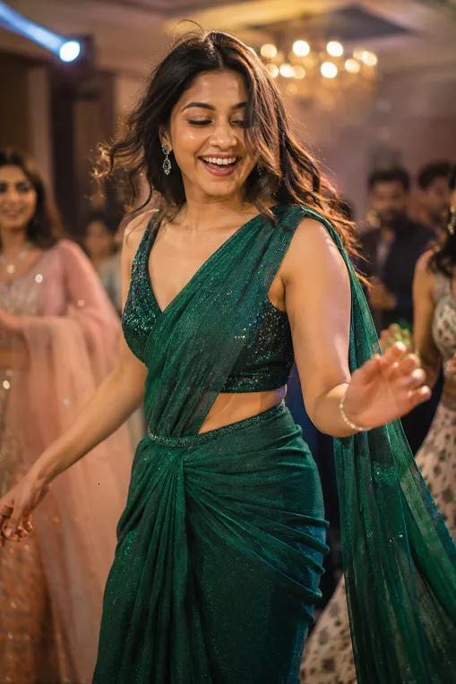 pre-draped saree styled for dancing at a sangeet function