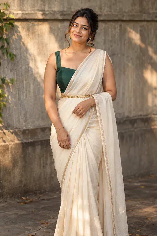 Rectangle body shape saree styling with contrast blouse and defined waist belt