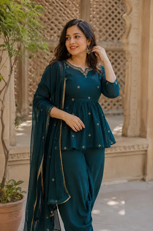 peplum salwar kameez for rectangle shaped body with fitted waist panel