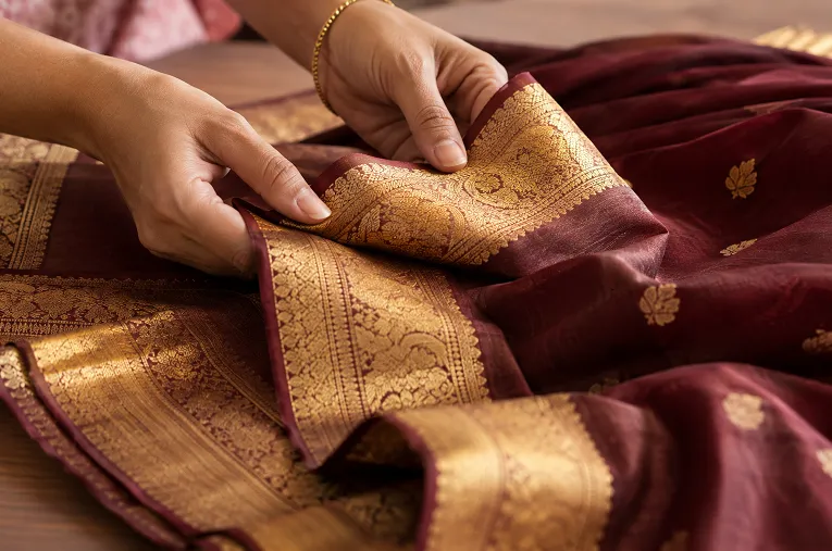 Close-up of a firm woven saree border showing structure at the hem