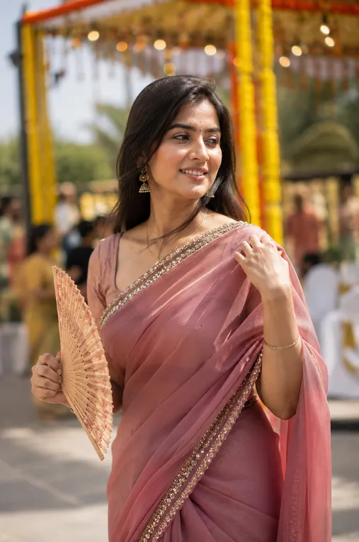 woman managing saree comfort in Indian summer humidity