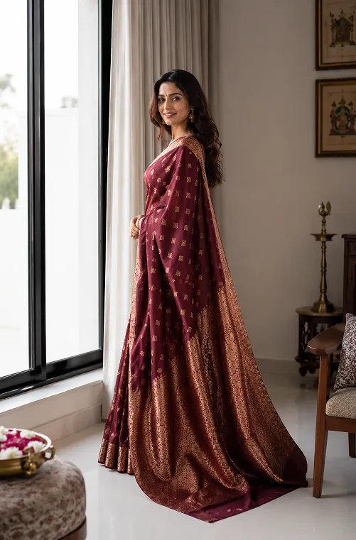 Tall woman draped in silk saree with full length pallu falling past the shoulder