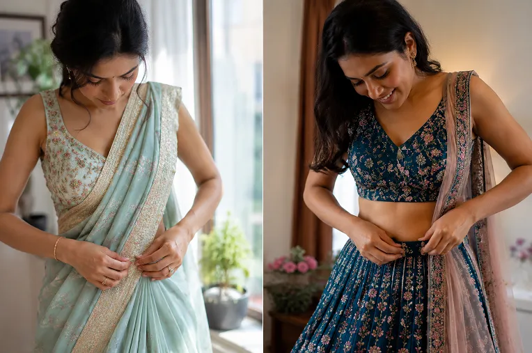 saree pleats compared to a stitched lehenga waistband