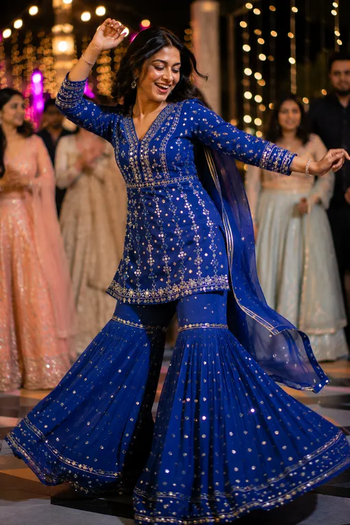 sharara set styled for dancing at a sangeet function