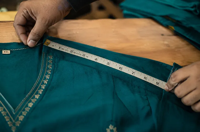 close up of shoulder seam and yoke stitching on an ethnic kurta