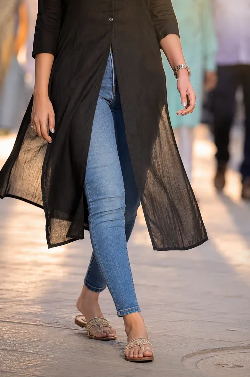 skinny jeans versus straight leg jeans with a front slit kurti