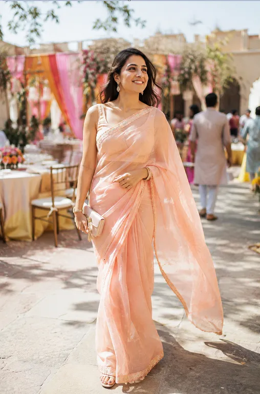 summer wedding guest outfit in a pastel chiffon saree