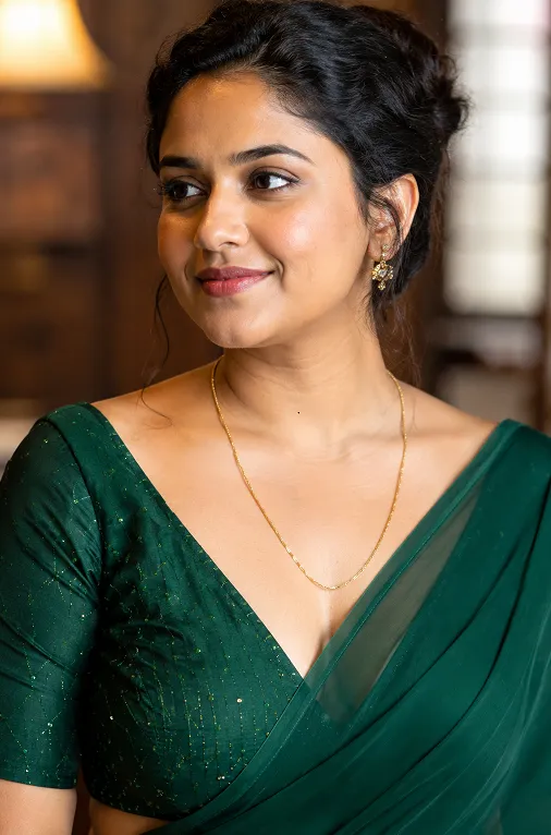 Close-up of a V-neck blouse showing converging lines that elongate the face