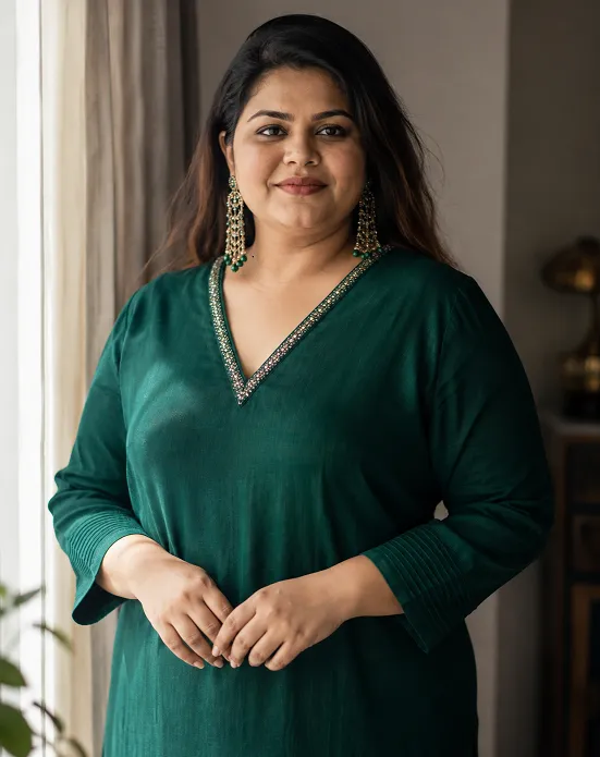 V-neck kurta styled to elongate the neckline for a plus size body