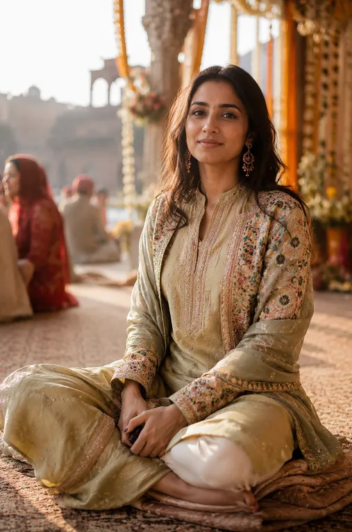 winter wedding guest look with layered jacket over silk outfit
