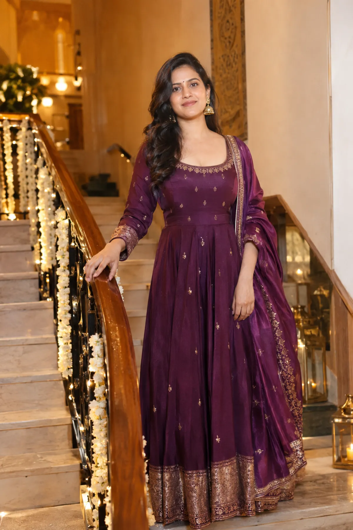 Woman wearing a flared Anarkali suit for a festive occasion