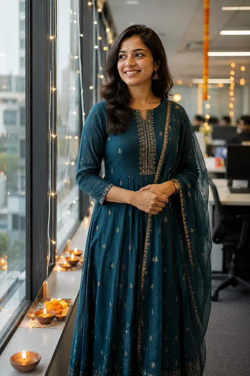 Anarkali suit styled as an office Diwali party outfit idea
