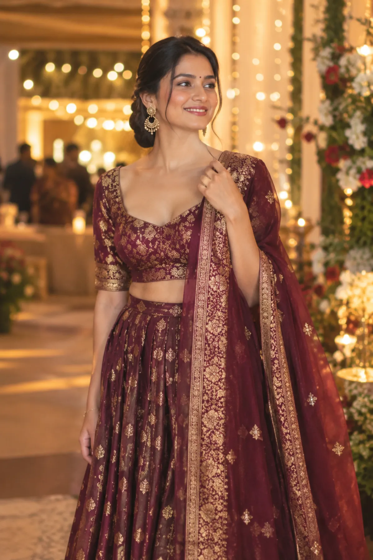 Woman in a Banarasi lehenga choli styled for a wedding function