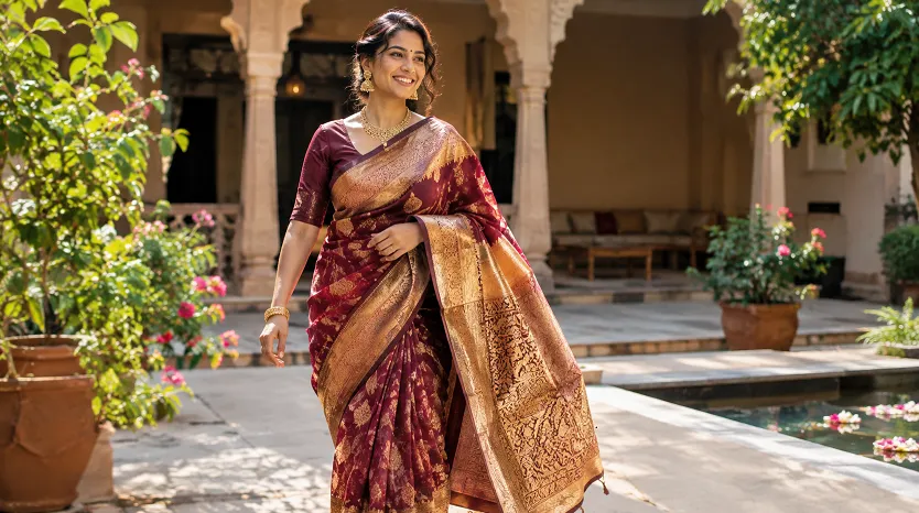 Woman walking in a heavy Banarasi silk saree with a zari pallu
