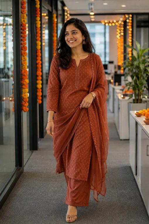 Chanderi kurti and palazzo styled as a comfortable office Diwali party outfit