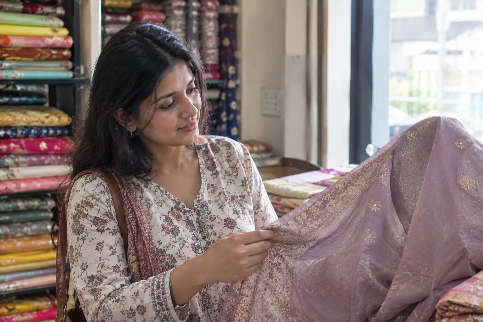 woman checking saree fabric quality before buying