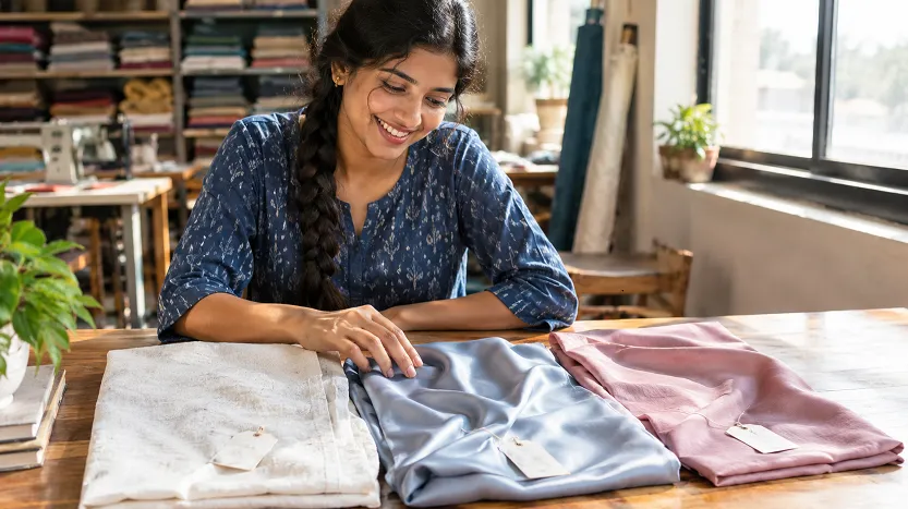 Woman comparing cotton, rayon and viscose fabric swatches side by side in a Surat workshop