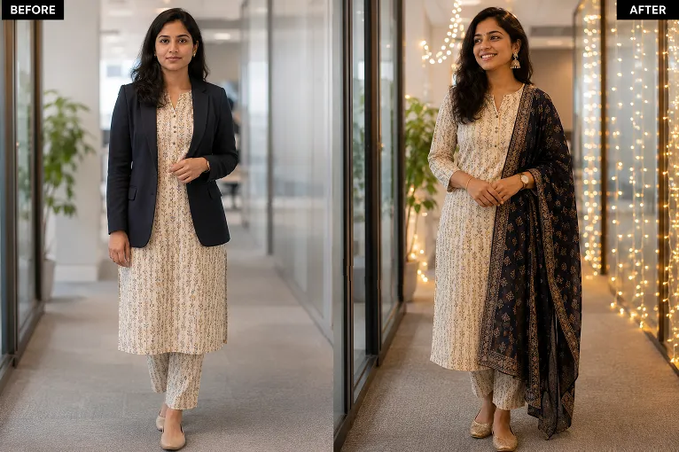 Before and after transformation from work outfit to office Diwali party outfit