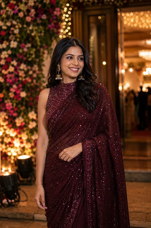Heavily embellished georgette saree styled as a wedding reception guest outfit