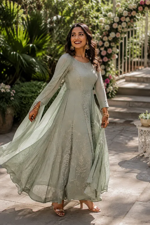 bride to be in flared anarkali suit engagement outfit idea