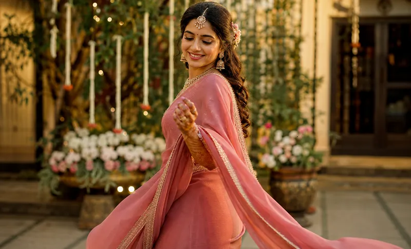 engagement outfit for bride to be in a soft pastel georgette saree