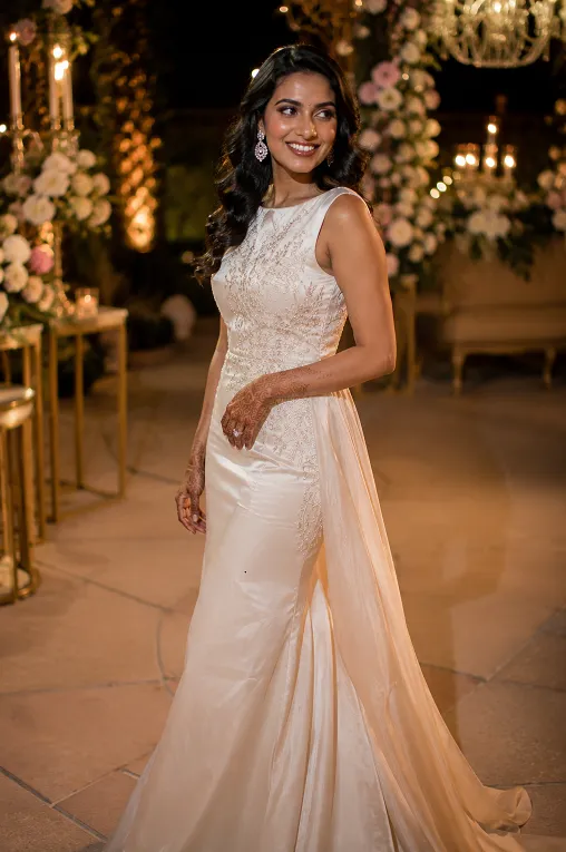 engagement outfit for bride to be in a fusion gown with a soft train