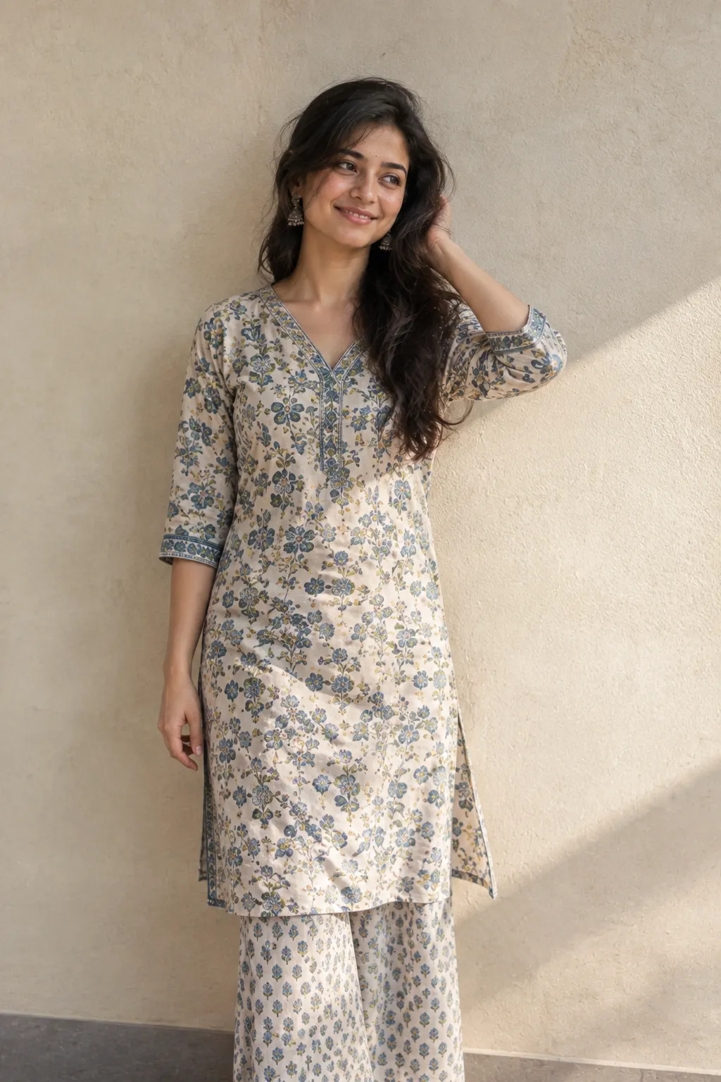 Woman wearing a printed ethnic co-ord set for a casual festive day