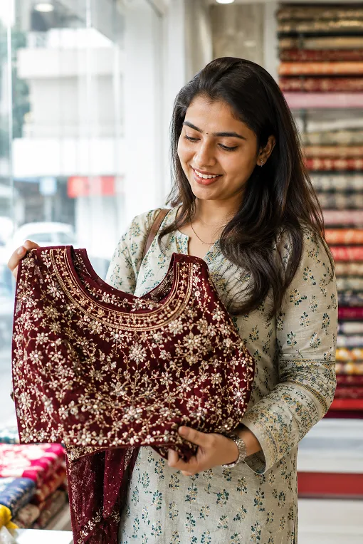 woman checking heavily embellished georgette blouse fabric before buying