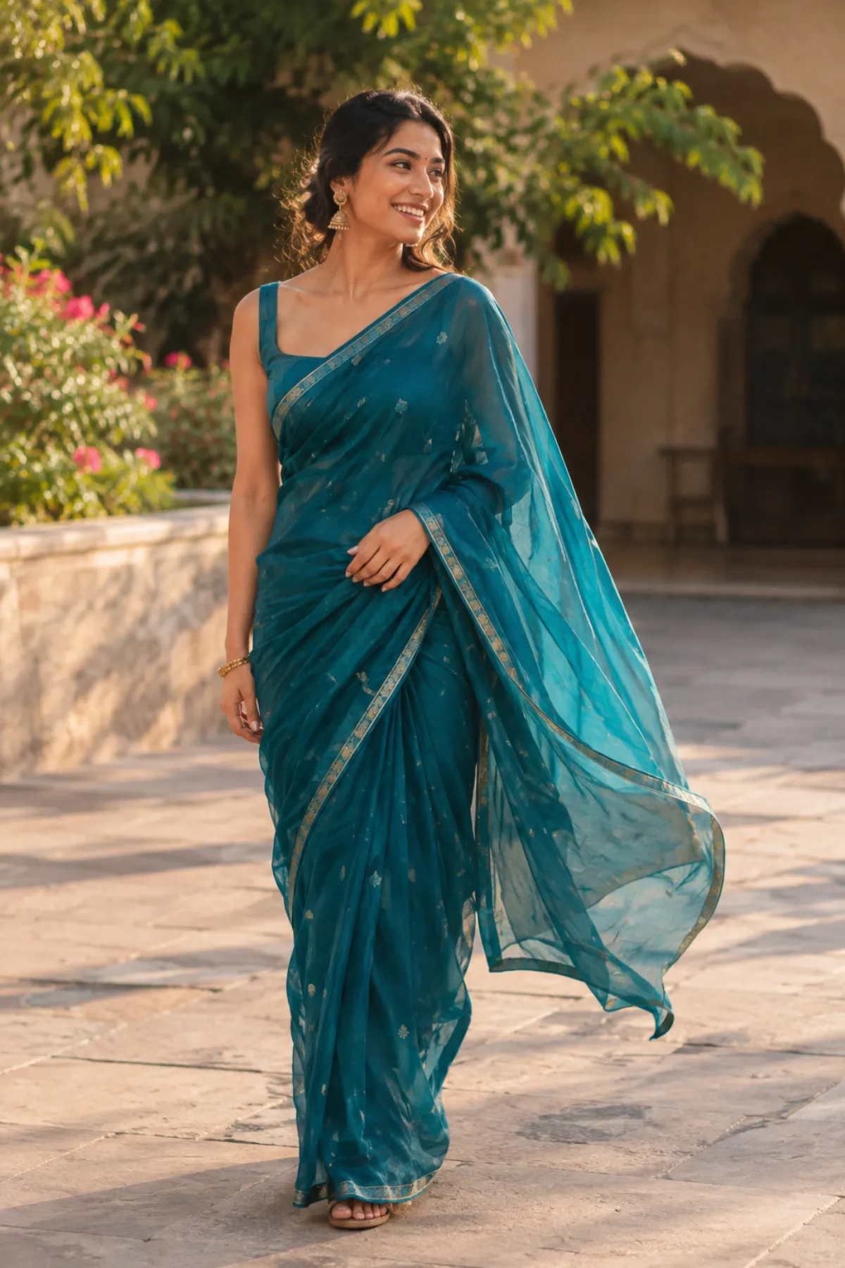 Woman in a georgette saree showing the classic drape for this traditional dress name