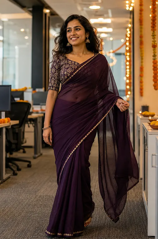 Woman wearing a georgette saree as an office Diwali party outfit idea