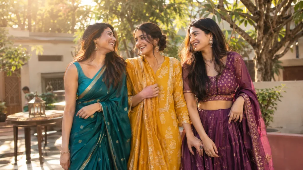 Three women wearing different styles from a girls dress name list including saree kurta set and lehenga