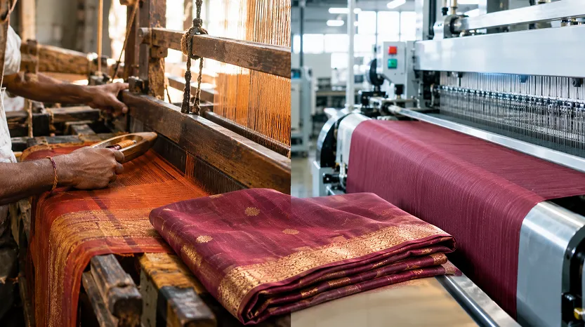 Handloom vs power loom side by side comparison of weaving process
