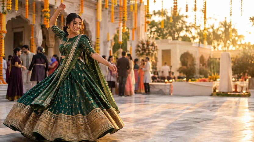 Woman dancing in a heavy lehenga in a wedding courtyard at golden hour