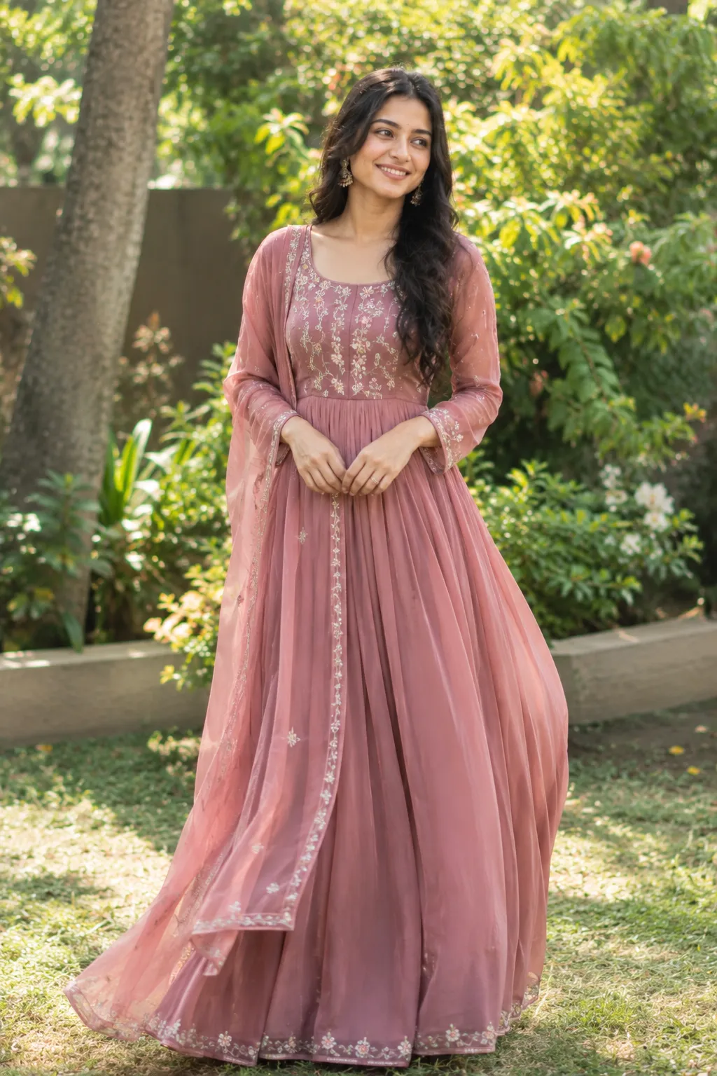 Woman wearing a flowing Indian maxi dress for a daytime festive event