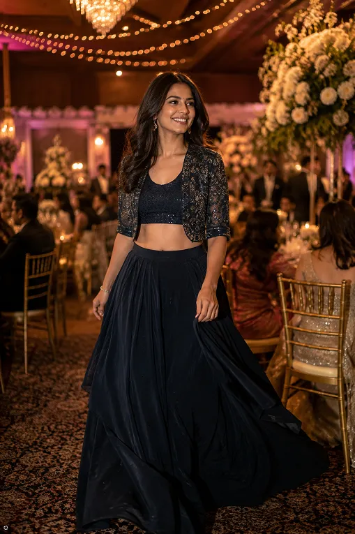 Indo-western lehenga skirt and jacket as a reception night outfit idea