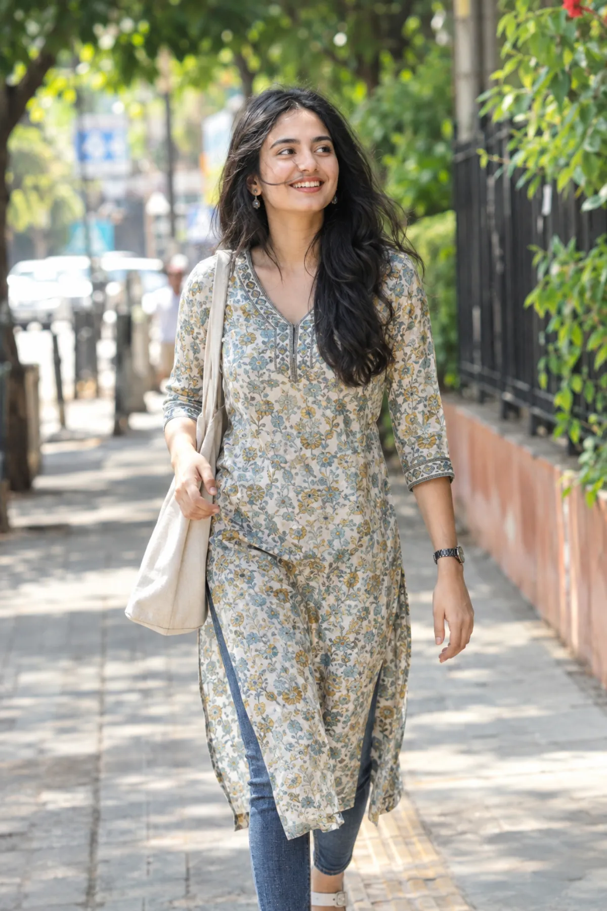 Woman wearing a kurti styled with jeans for a casual look