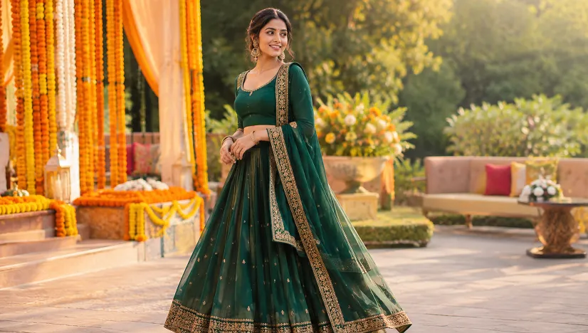 Woman in emerald green lehenga demonstrating a safe lehenga colour for wedding guest look