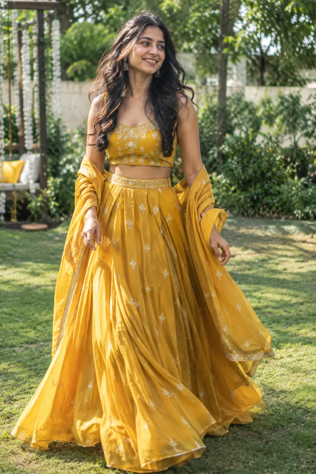 Woman wearing a flowing long ethnic skirt with a crop top for daytime festive wear