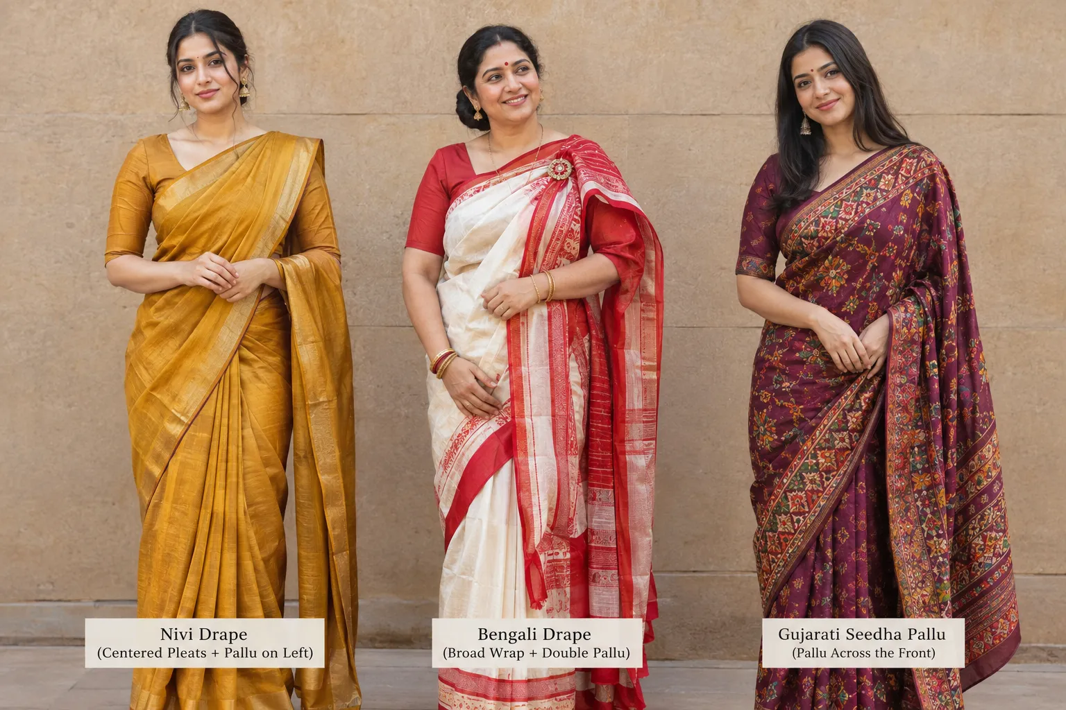 three saree drape styles Nivi Bengali and Gujarati compared for pear body shape