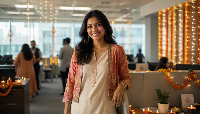 Office Diwali party outfit ideas for women in a festively decorated workplace