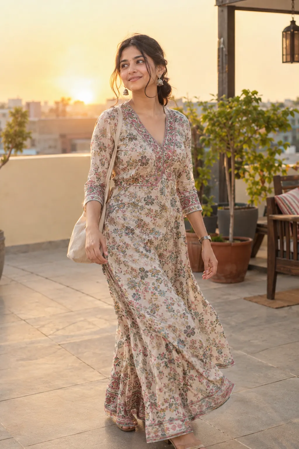 Woman wearing a flowing palazzo suit outfit