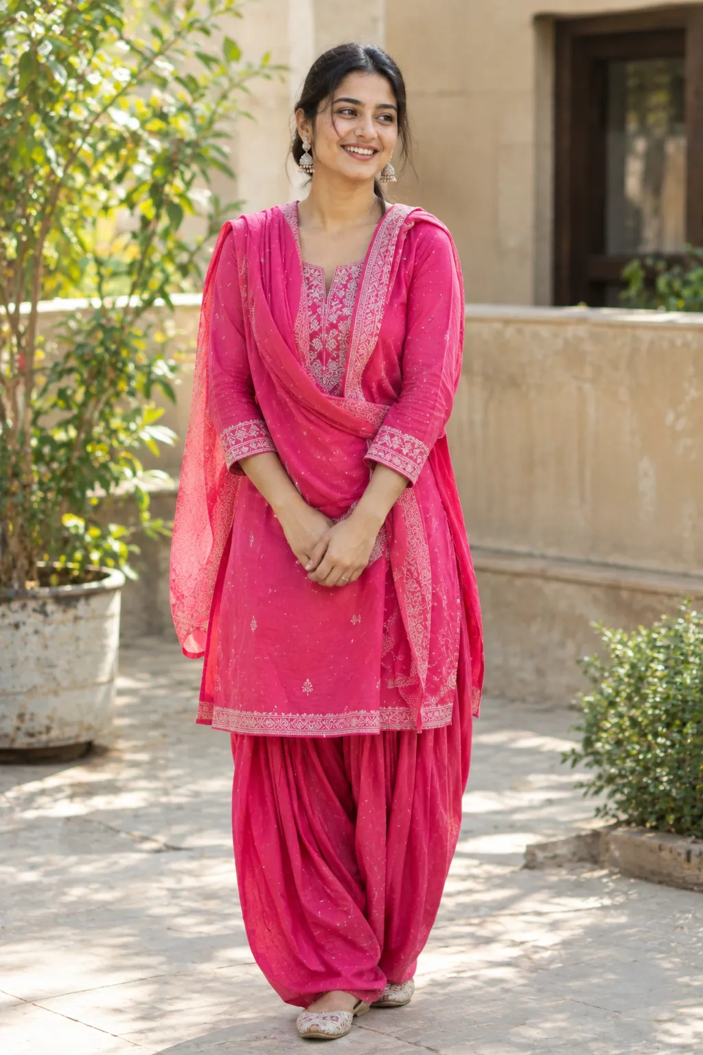 Woman wearing a traditional Patiala suit with pleated salwar
