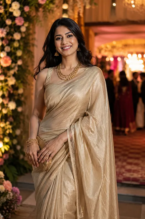 Guest in a tastefully glamorous outfit for a wedding reception, not overdressed