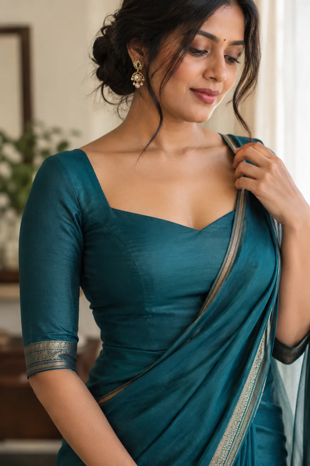 Close-up of a precisely fitted saree blouse waist seam and dart