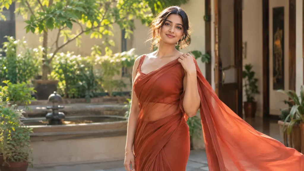 Woman with hourglass figure wearing a fitted saree with natural waist definition
