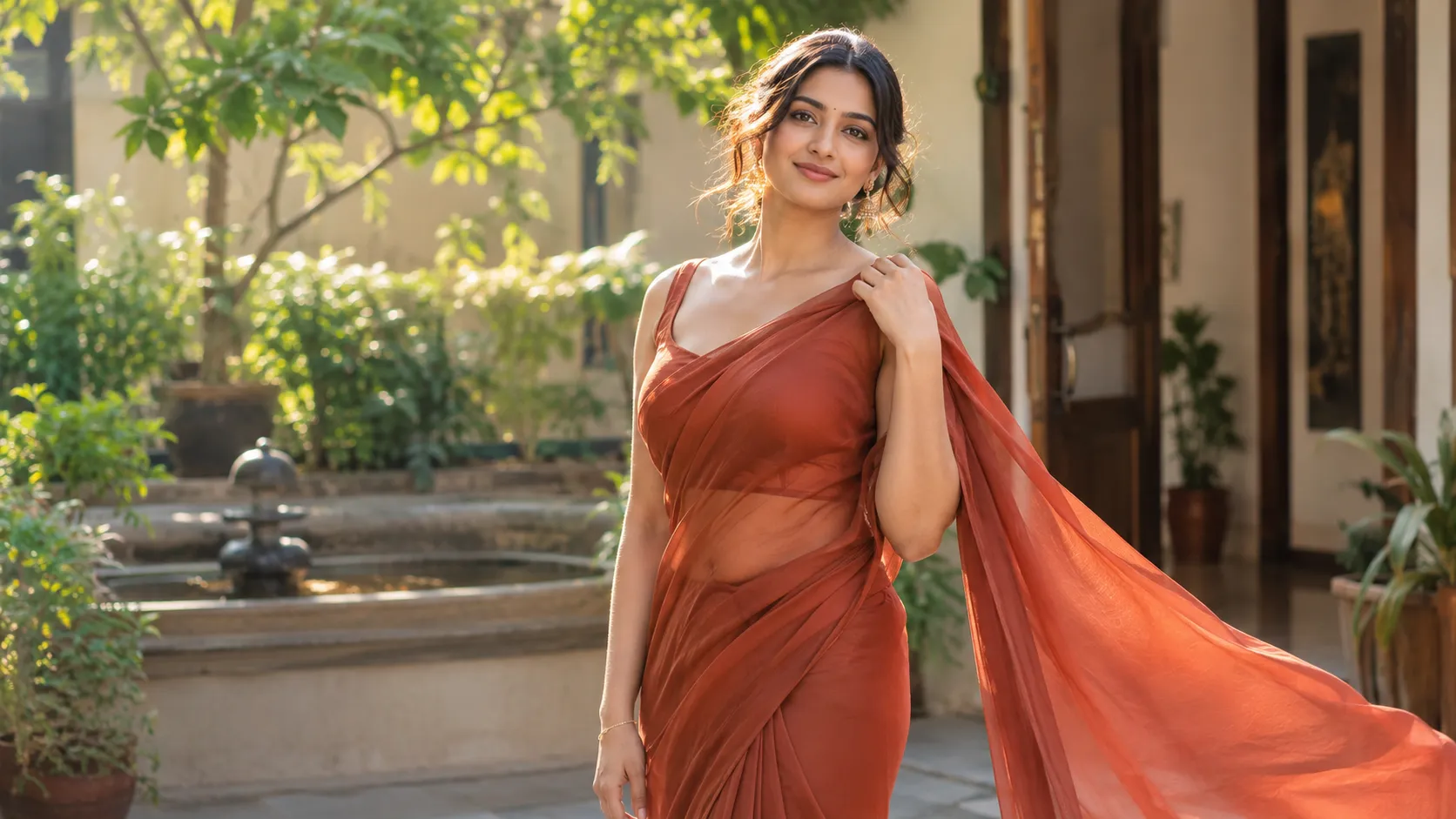 Woman with hourglass figure wearing a fitted saree with natural waist definition