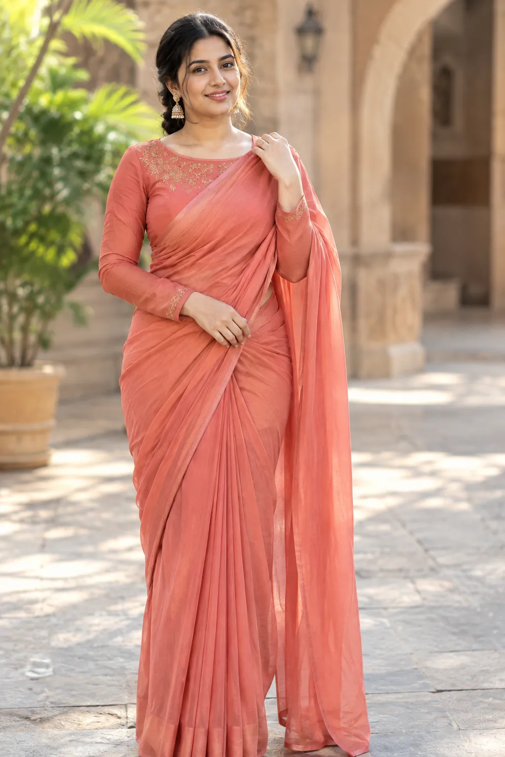 saree for pear shaped body styled in Nivi drape with structured blouse
