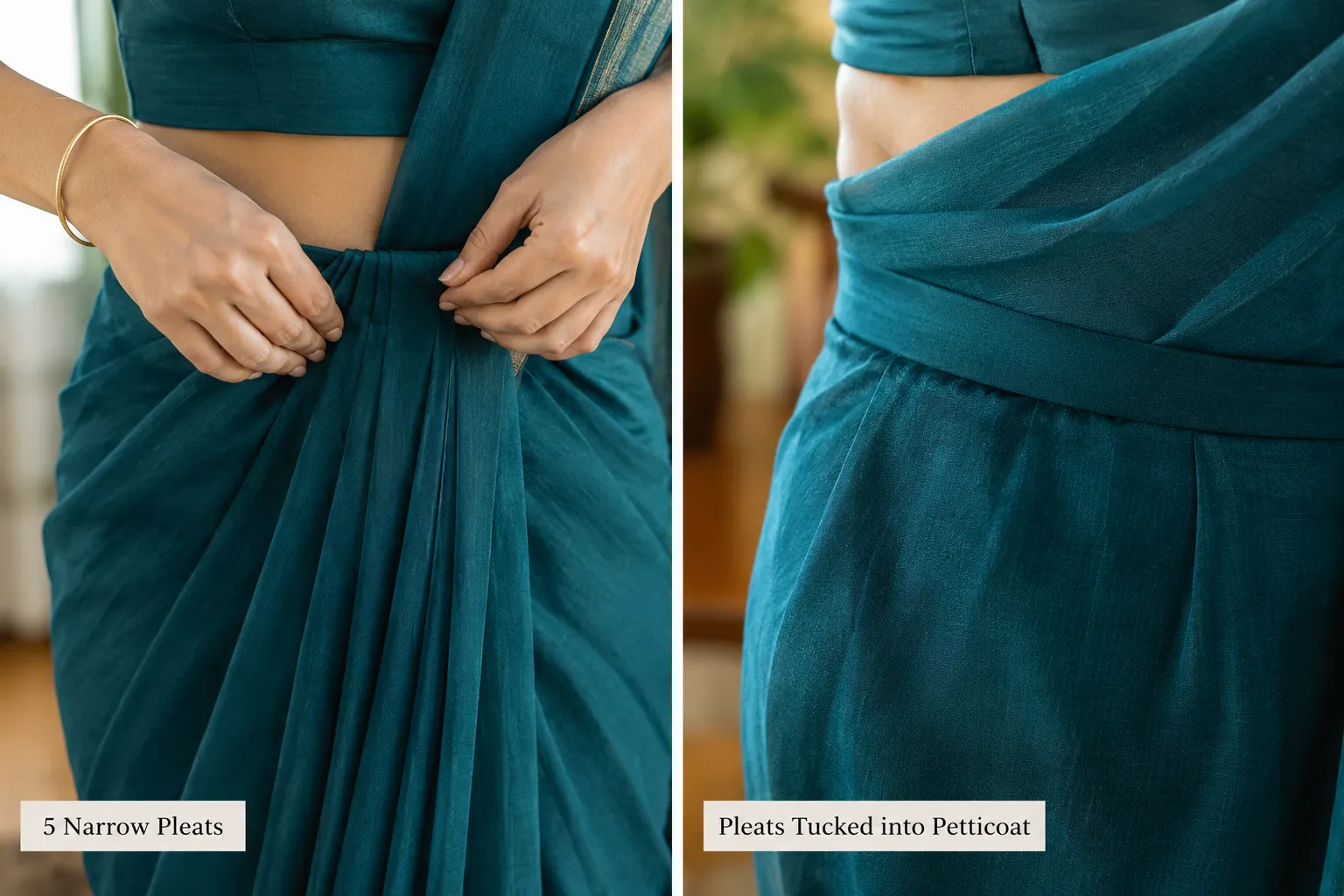 close up comparison of narrow versus fanned saree pleats