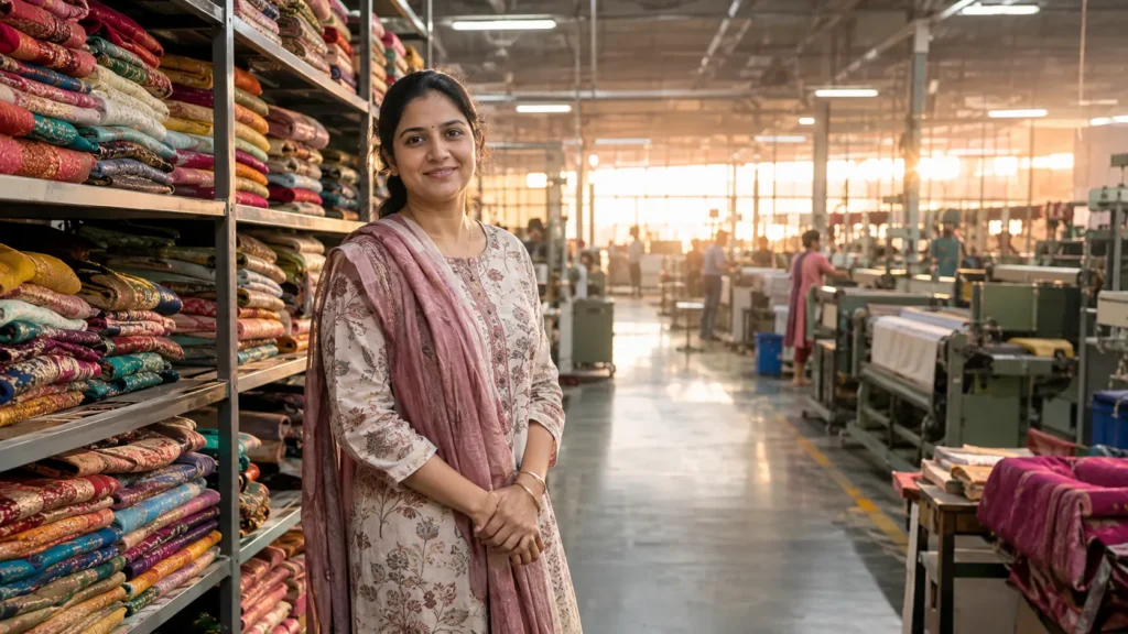 surat textile industry manufacturing unit with sarees and power looms